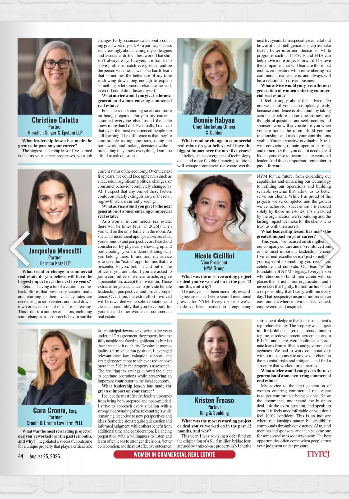 New York Real Estate Journal "Women in Commercial Real Estate" magazine page featuring Nicole Cicillini of NYM Group, August 25, 2026