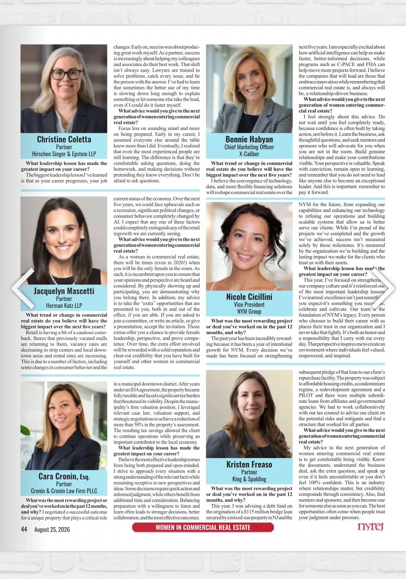 New York Real Estate Journal "Women in Commercial Real Estate" magazine page featuring Nicole Cicillini of NYM Group, August 25, 2026