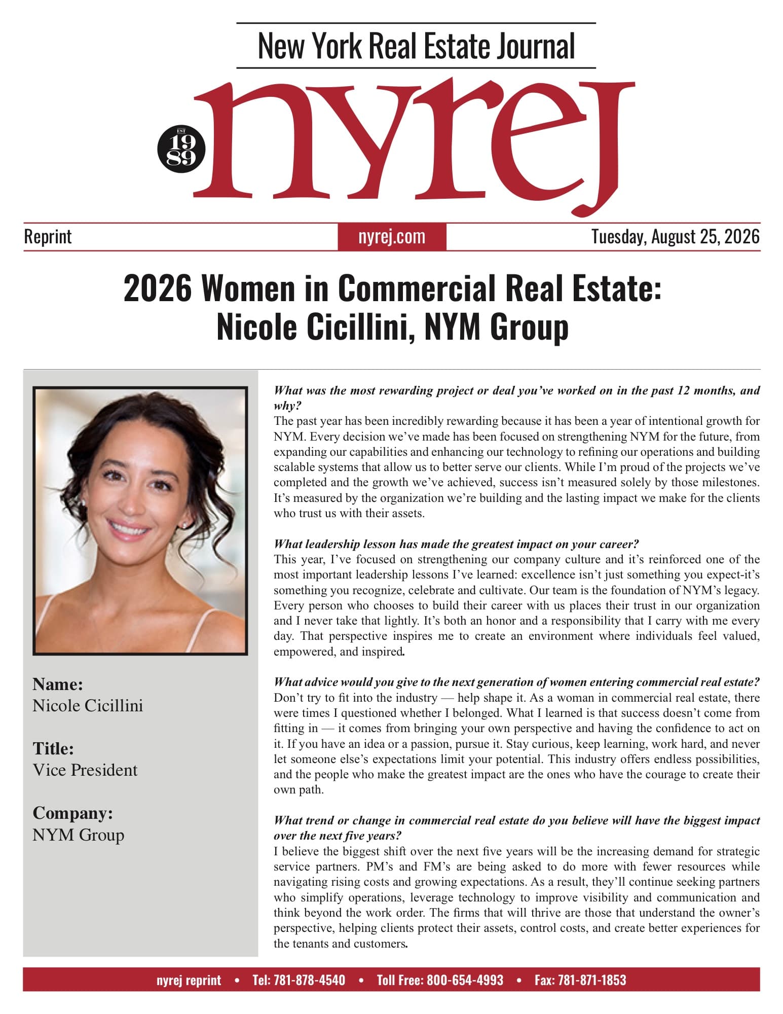 New York Real Estate Journal reprint: "2026 Women in Commercial Real Estate: Nicole Cicillini, NYM Group", August 25, 2026