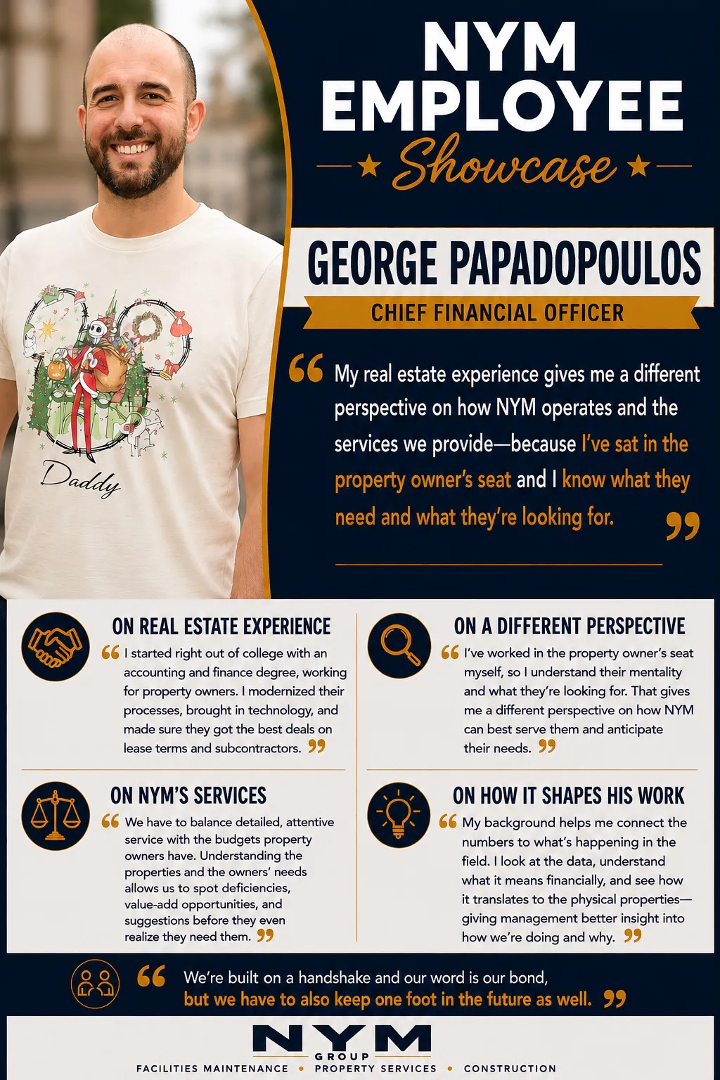NYM Employee Showcase poster for George Papadopoulos, Chief Financial Officer